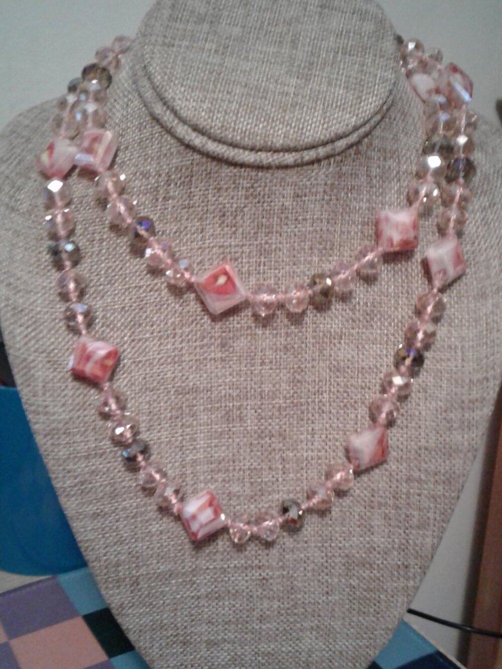 Pink Art Glass & Faceted AB Glass Beads Continuous Strand Necklace 34"L LNC